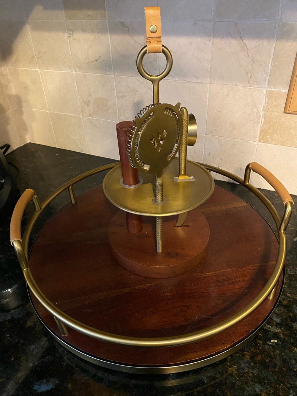 Crate&Barrel Gold and Brown Two-Tier Round Serving Stand EUC